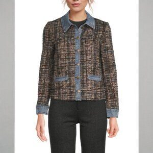 Ecru Tweed & Denim Mixed Media Jacket - Size Petite Large